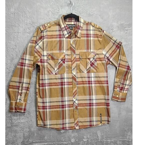 Red Ape Mens Plaid Button Down Gold Buttons Long Sleeve Dress Shirt Size 2XL MCM - Picture 1 of 11